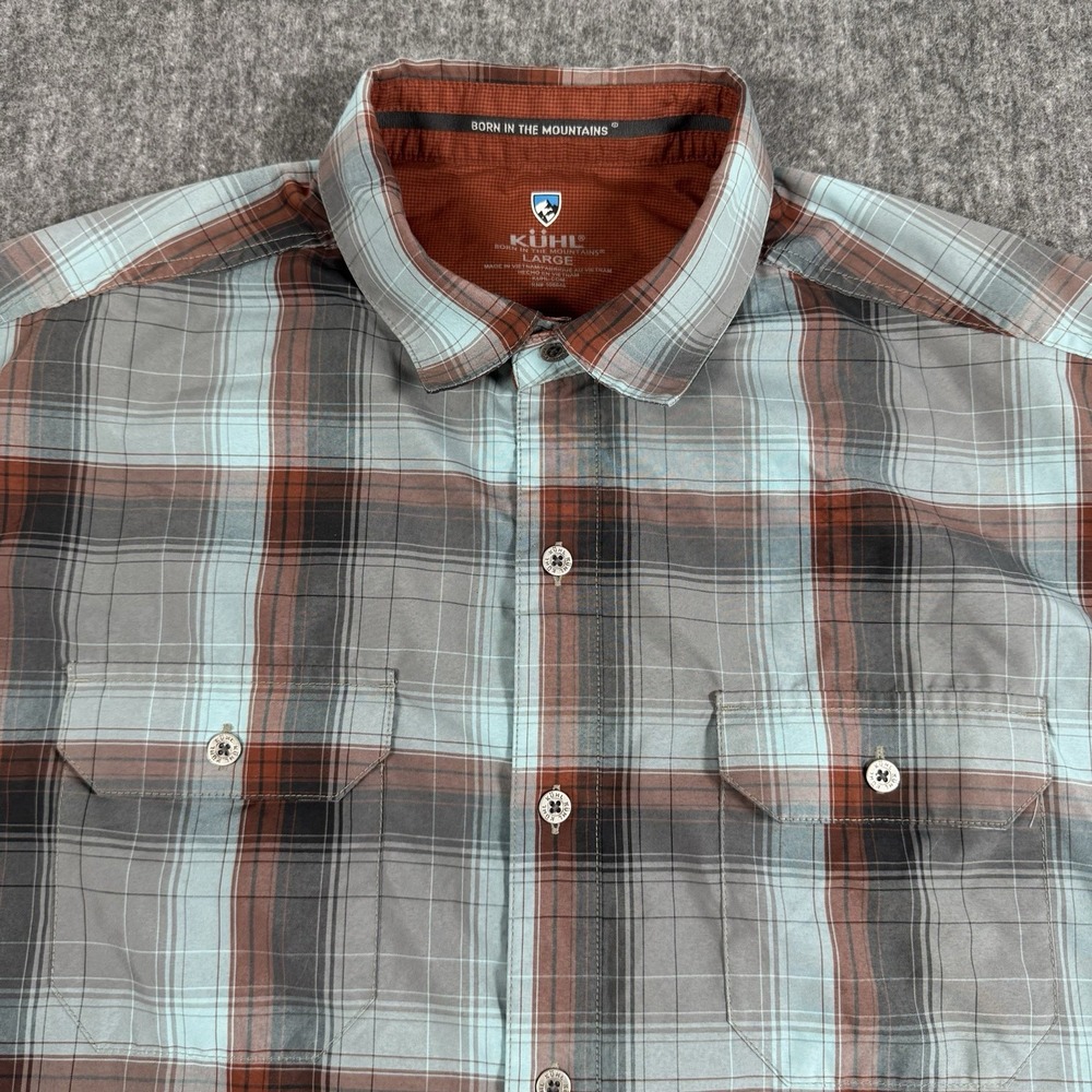 KUHL Mens Large Plaid Short Sleeve Outdoor Hiking Button Up Shirt Blue Rust
